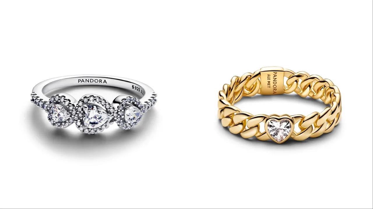 PANDORA心心相印光環戒指（左）、心形古巴鍊戒（右），各3680元。品牌提供