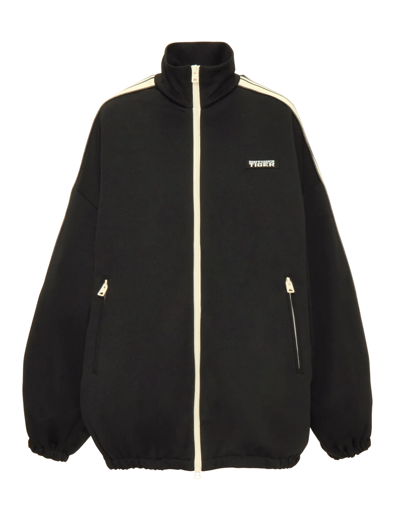 Onitsuka Tiger 2026春夏Denivita日製丹寧系列側織帶設計黑色立領寬鬆外套，6880元。品牌提供