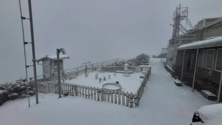 今日水氣足夠，玉山氣象站一早降雪變銀白世界。氣象署提供