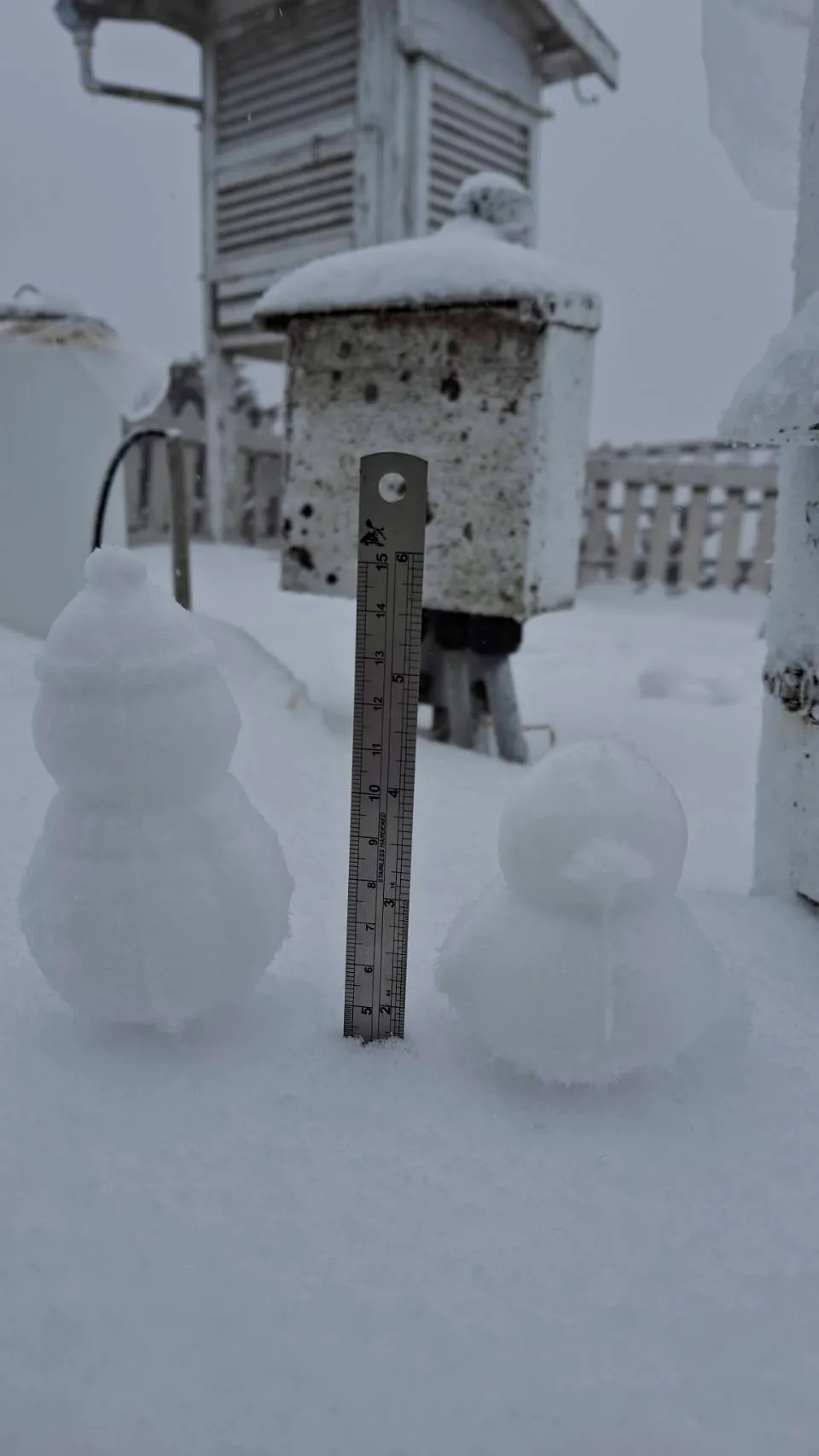 玉山氣象站於上午10時雪深已達4公分，可堆出雪人、小鴨。氣象署提供