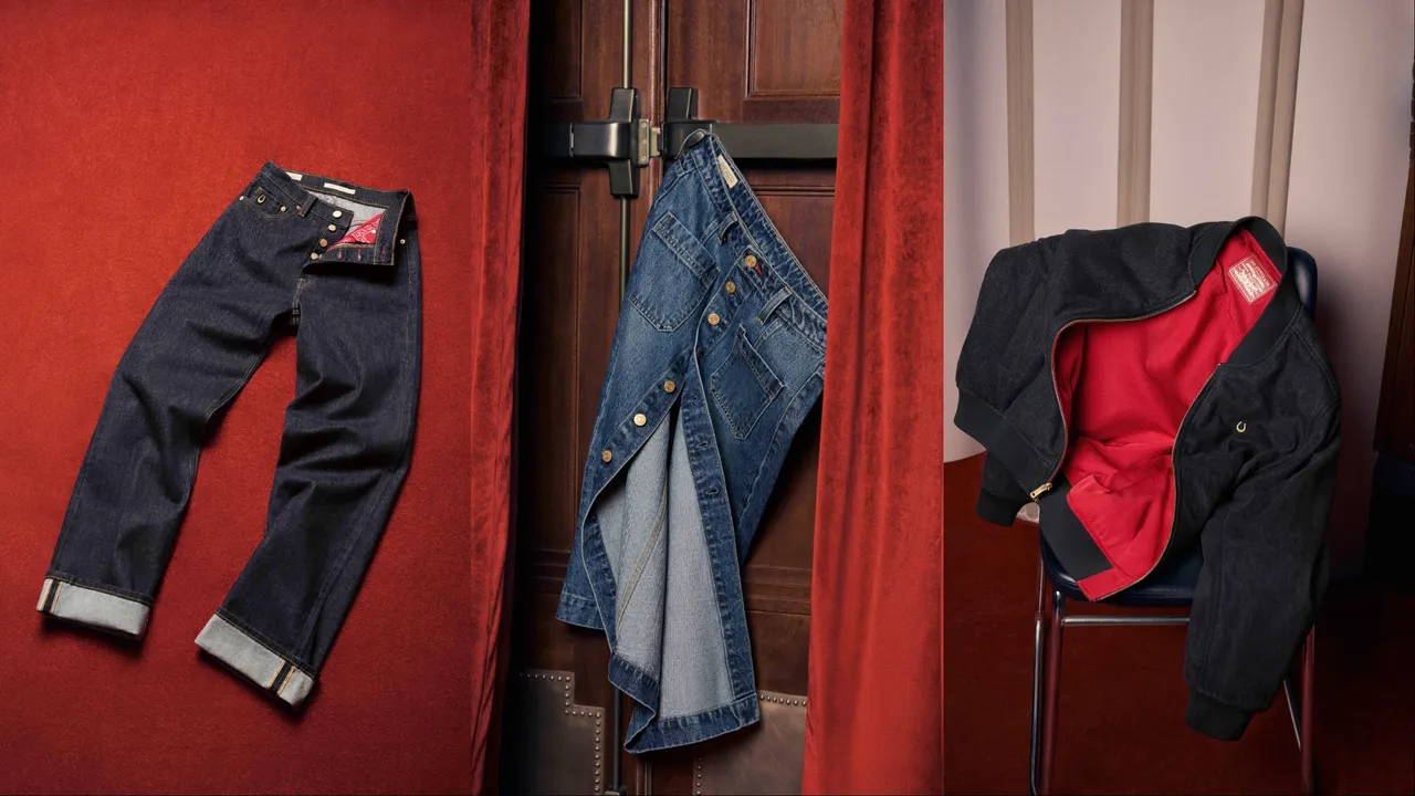 Levi's馬年限定系列RIBCAGE高腰直筒丹寧褲（左起）5490元、排釦半身中裙4390元、雙面穿飛行夾克4390元。品牌提供