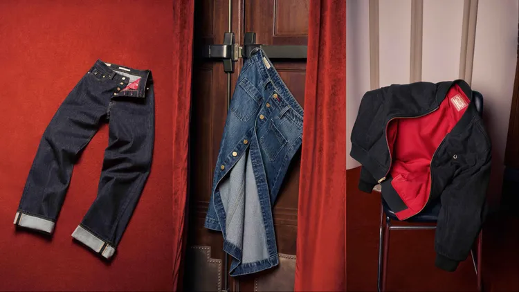 Levi's馬年限定系列RIBCAGE高腰直筒丹寧褲（左起）5490元、排釦半身中裙4390元、雙面穿飛行夾克4390元。品牌提供