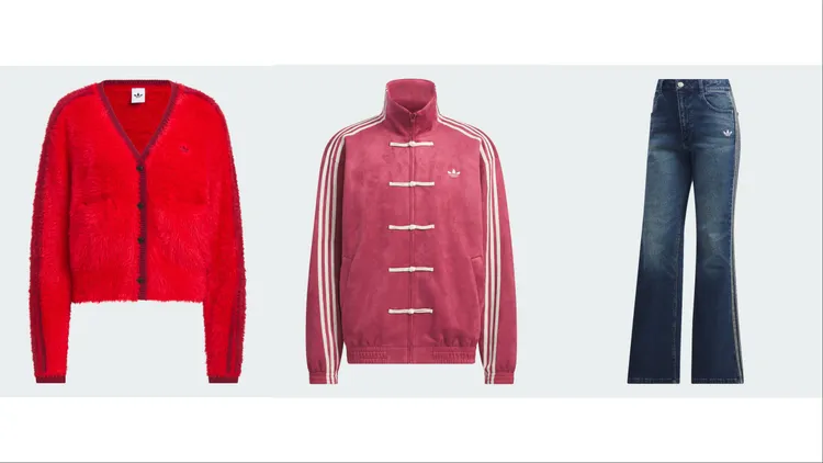 adidas Originals開襟毛衣（左起）4690元、新中式外套4690元、丹寧長褲4290元。品牌提供