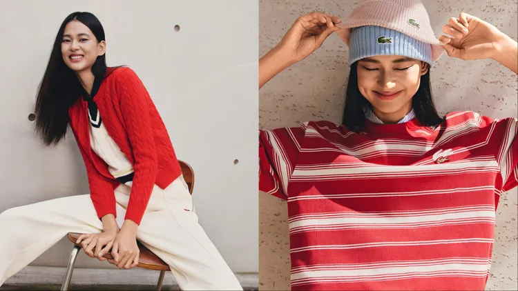 LACOSTE女裝透過不同色系的層疊穿或是拼接條紋，打造出不落俗套的新年紅穿搭。品牌提供