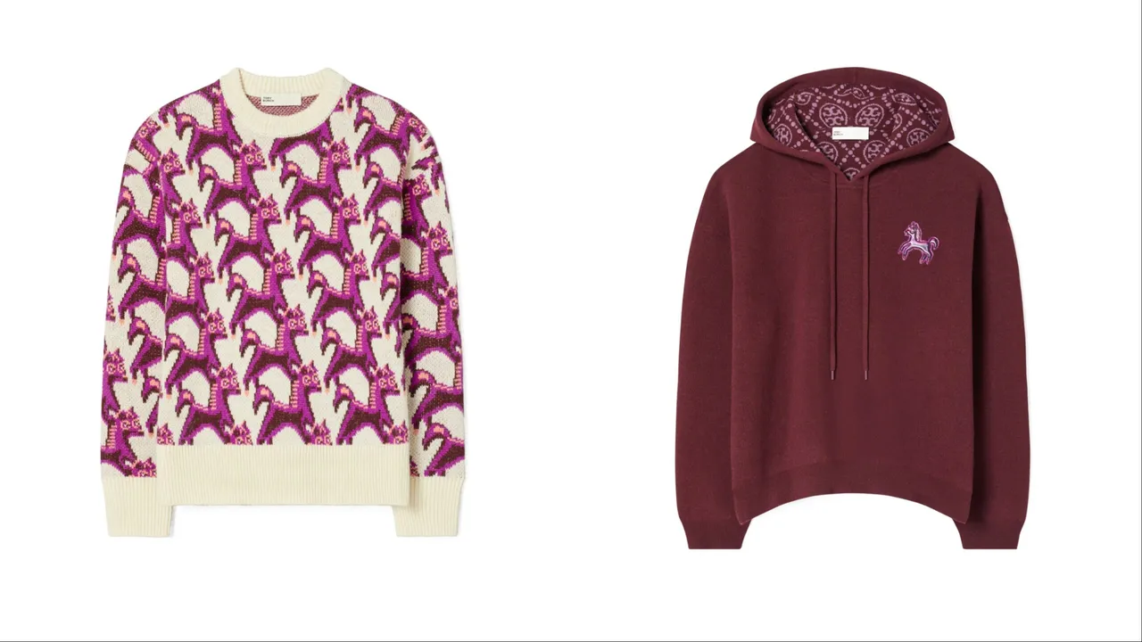 TORY BURCH 2026馬年特別系列羊毛緹花圓領毛衣（左）2萬1500元、短版羊毛連帽上衣（右）2萬5900元。品牌提供
