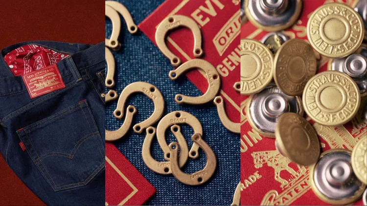 Levi’s®「雙馬皮標」換上赤紅色調，與金色馬蹄鐵綴飾、金扣都呈現喜慶氛圍。品牌提供

