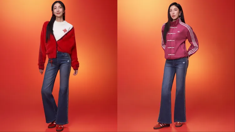 楊謹華將紅色撞毛絨外套、新中式外套搭配修身丹寧褲，既亮眼又不會過於「年味」。品牌提供