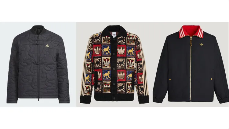 adidas新中式絎縫外套（左起）4290元、adidas Originals針織毛衣外套580元、雙面穿翻領夾克7200元。品牌提供