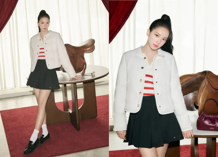 Jisoo以百褶短裙配上樂福鞋輕鬆打造不出錯的復古學院風。品牌提供