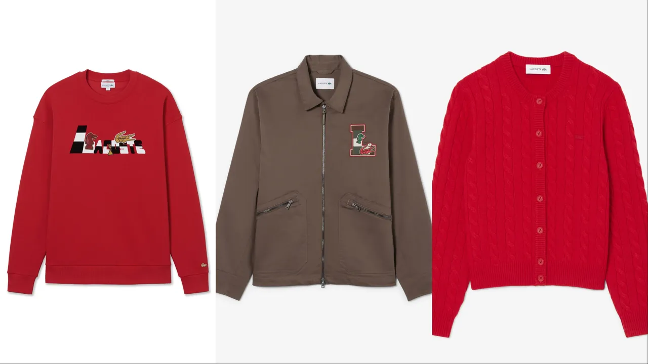 LACOSTE 2026新春系列毛衣（左起）5680元、拉鍊夾克1萬1500元、針織衫7480元。品牌提供