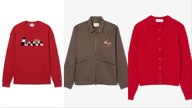 LACOSTE 2026新春系列毛衣（左起）5680元、拉鍊夾克1萬1500元、針織衫7480元。品牌提供