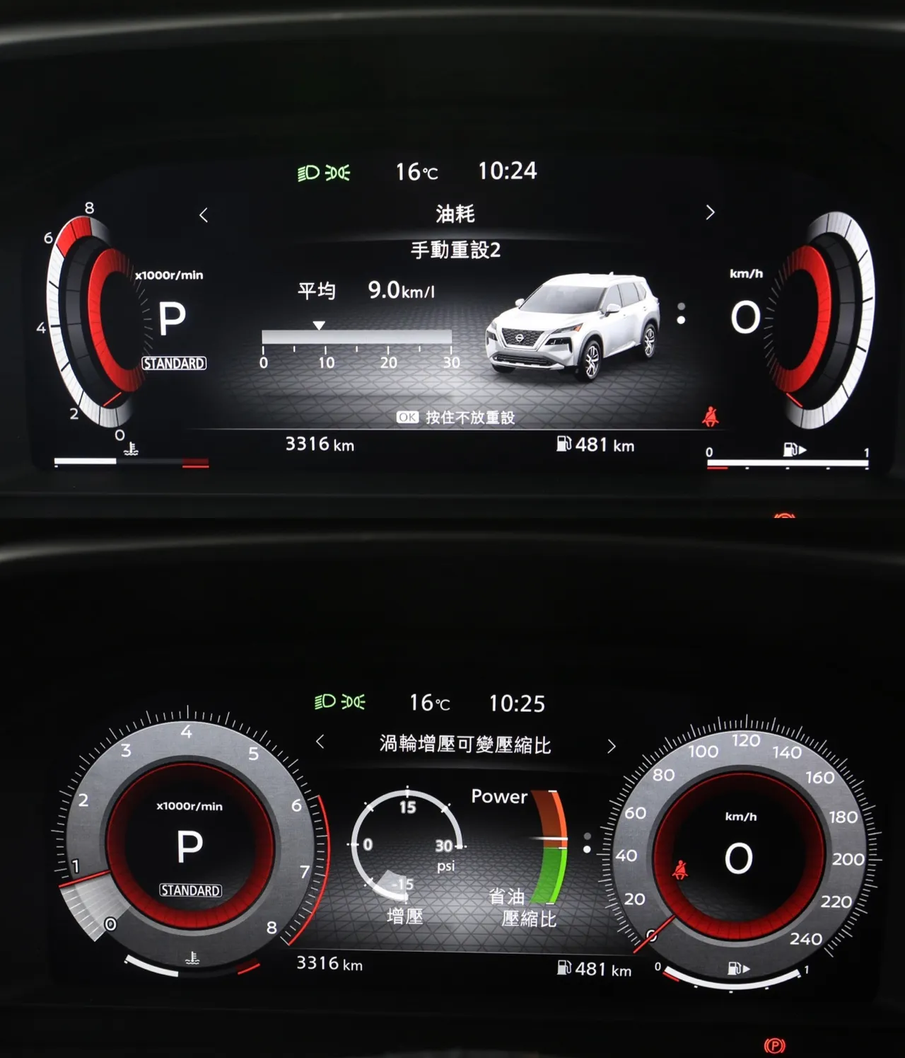 中高階車款配備12.3吋數位儀表，可切換多種模式，包括傳統雙環與立體樣式，並能即時顯示渦輪可變壓縮比運作狀態，讓駕駛隨時掌握動力表現。林浩昇攝