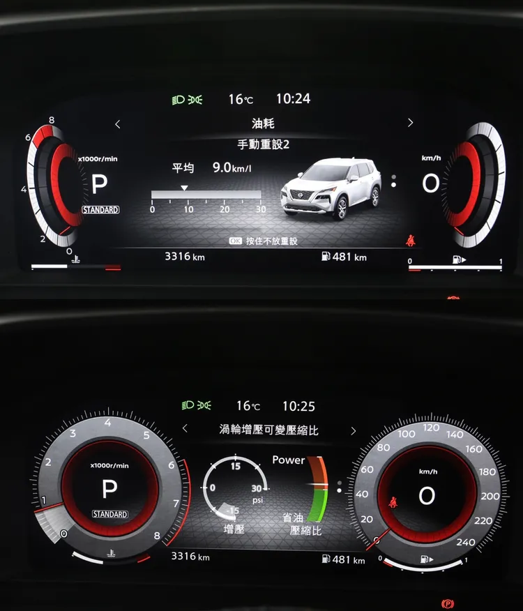 中高階車款配備12.3吋數位儀表，可切換多種模式，包括傳統雙環與立體樣式，並能即時顯示渦輪可變壓縮比運作狀態，讓駕駛隨時掌握動力表現。林浩昇攝