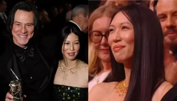 金凱瑞致詞時對女友Min Ah示愛，女友甜笑以對。翻攝Ｘ