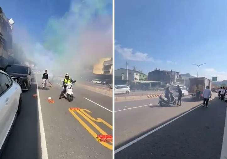 高雄廟會沿路佔用車道放煙火　巡警一腳踢開被讚爆！警方回應了
