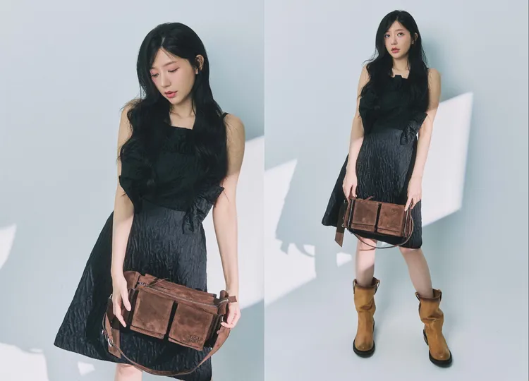 郭雪芙穿著MIU MIU造型裝飾洋裝、實用麂皮肩背包、小牛皮短靴。《MilkX》Taiwan提供