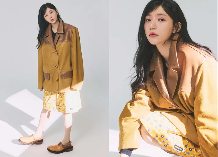 郭雪芙穿著MIU MIU花卉裝飾洋裝、皮革外套、針織長袖。《MilkX》Taiwan提供