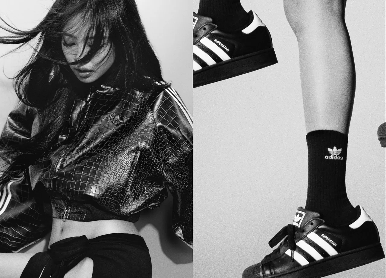 Jennie以皮革運動夾克小曬蠻腰，並踩上Superstar鞋款替造型帶來復古收尾。品牌提供