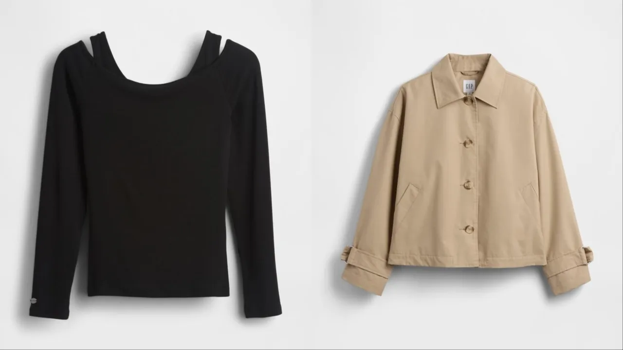 Gap黑色白色露肩長袖上衣（左）999元、卡其色翻領外套（右）3499元。品牌提供