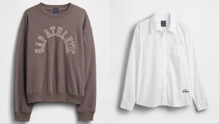 Gap卡其色刺繡刷毛圓領大學T（左）1499元、白色翻領長袖襯衫（右）1699元。品牌提供