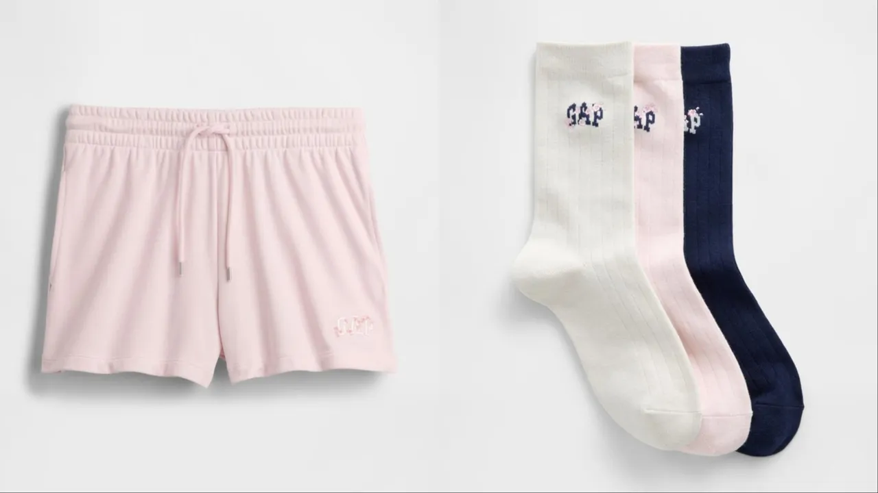 Gap粉色櫻花系列Logo刺繡抽繩鬆緊短褲（左）、櫻花系列襪子（右），各999元。品牌提供