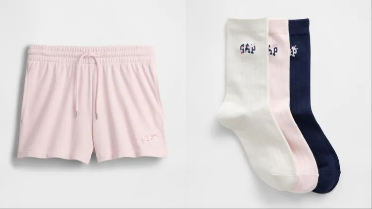 Gap粉色櫻花系列Logo刺繡抽繩鬆緊短褲（左）、櫻花系列襪子（右），各999元。品牌提供