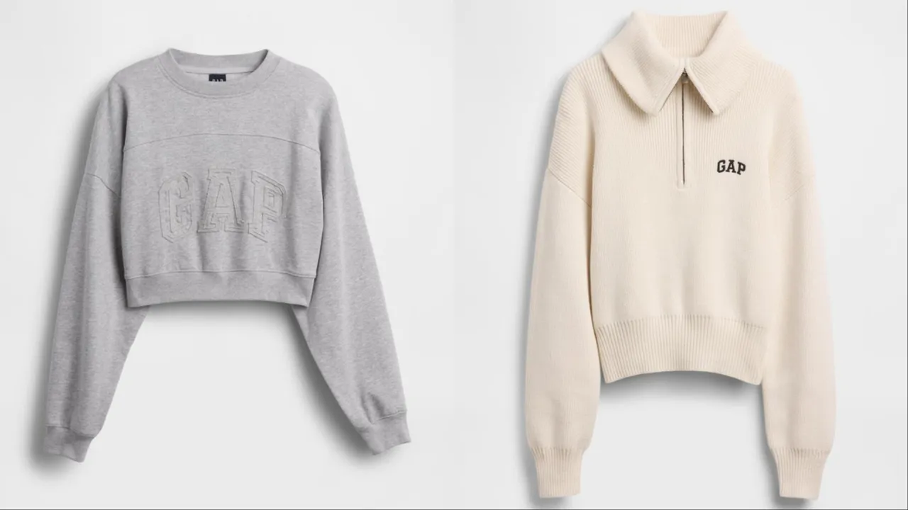 Gap灰色Logo短版圓領大學T （左）1499元、米白色翻領長袖針織衫（右）1999元。品牌提供