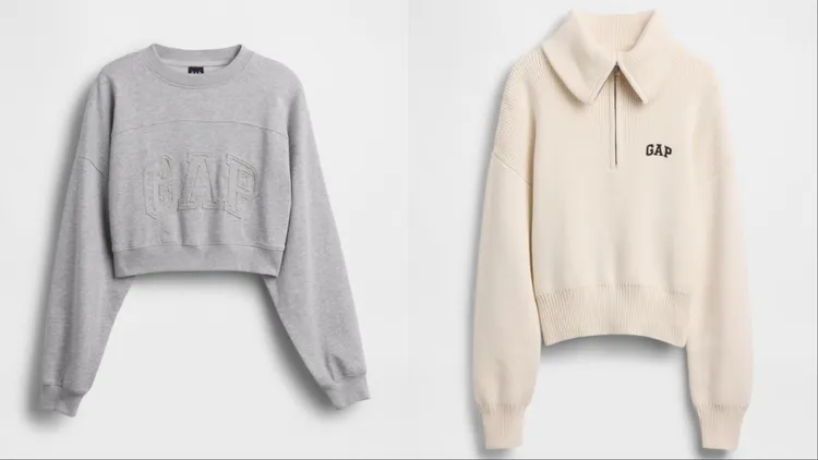 Gap灰色Logo短版圓領大學T （左）1499元、米白色翻領長袖針織衫（右）1999元。品牌提供