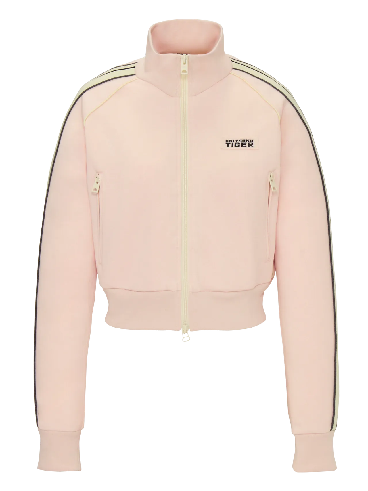 鬼塚虎DENIVITA女款側織帶設計粉色立領短版外套，5280元。品牌提供