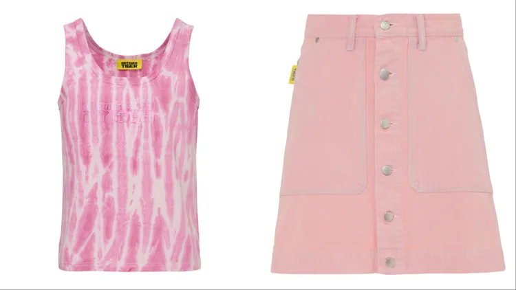 鬼塚虎DENIVITA女款綁染設計粉色無袖上衣（左）3680元、皮標設計粉色丹寧短裙（右）1萬500元。品牌提供