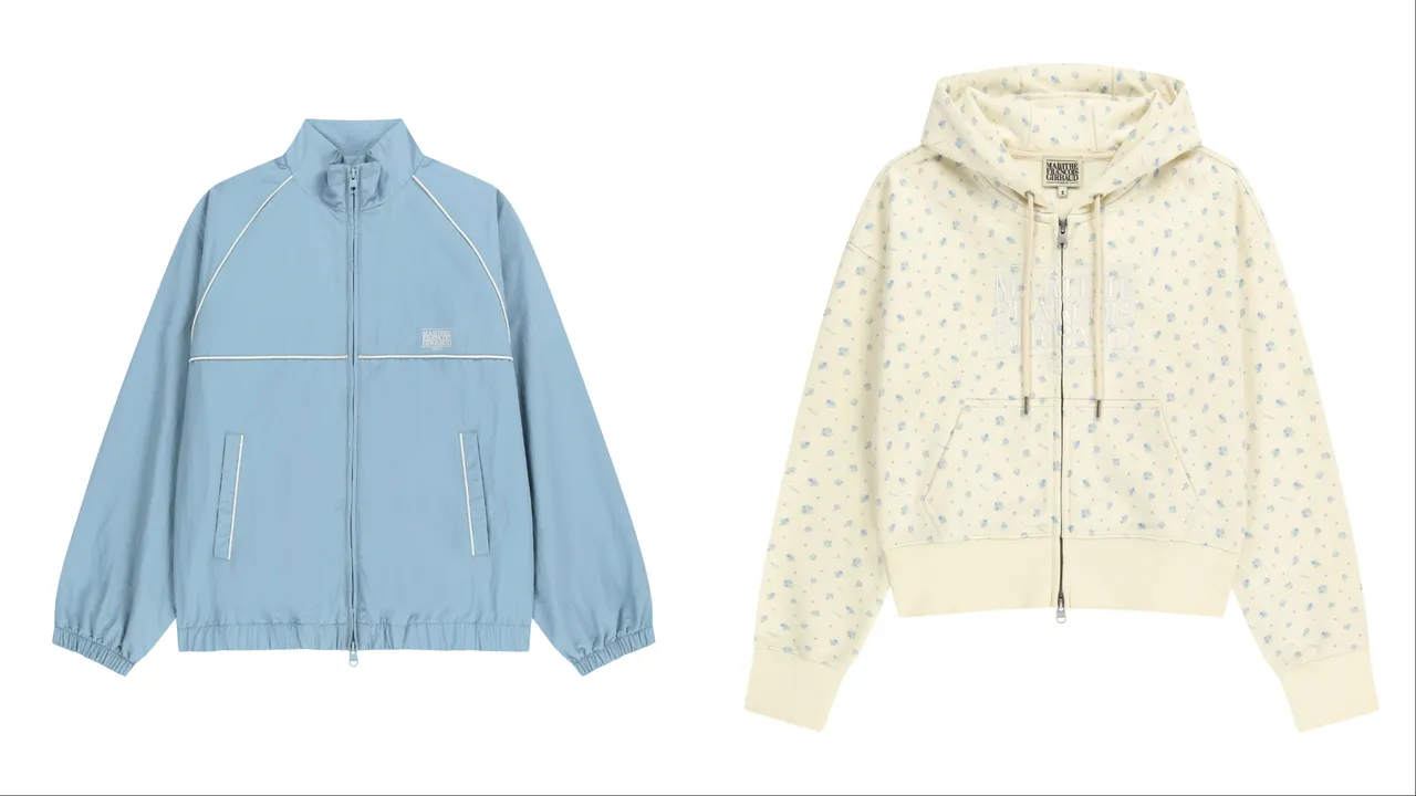 M+FG經典LOGO高領風衣外套（左）4590元、經典LOGO刺繡小碎花短版連帽外套（右）3690元。品牌提供
