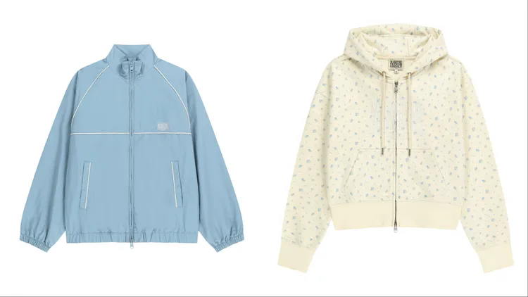 M+FG經典LOGO高領風衣外套（左）4590元、經典LOGO刺繡小碎花短版連帽外套（右）3690元。品牌提供