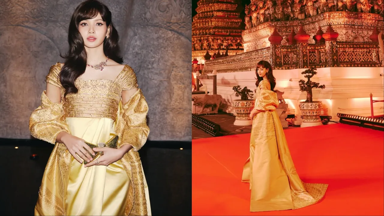 LISA身穿由BALMAIN訂製的金色泰絲禮服。翻攝LISA IG