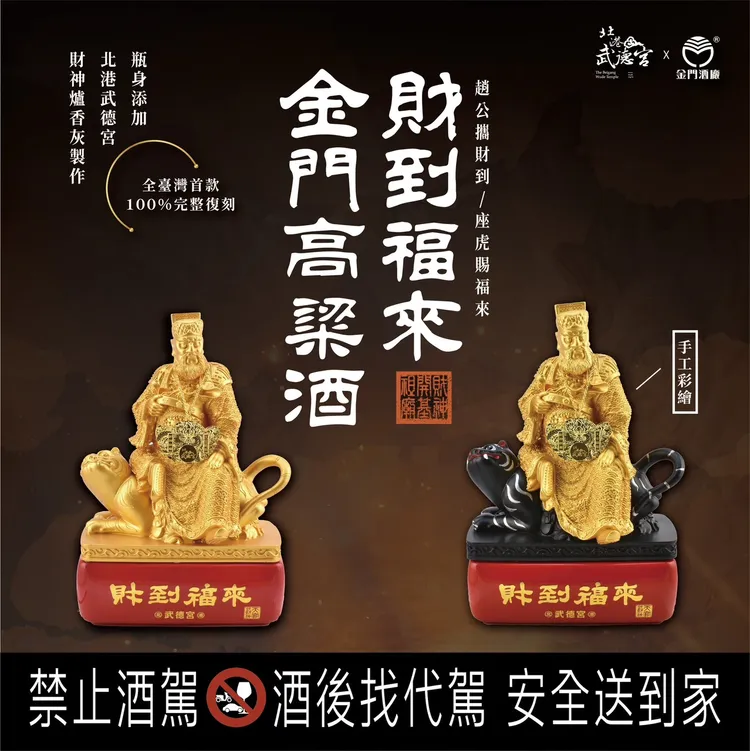 武德宮與金門酒廠合作推出「財到福來金門高粱酒」，瓶身結合趙公財神造型設計，採手工彩繪製作，主打招財祈福與收藏價值。讀者提供