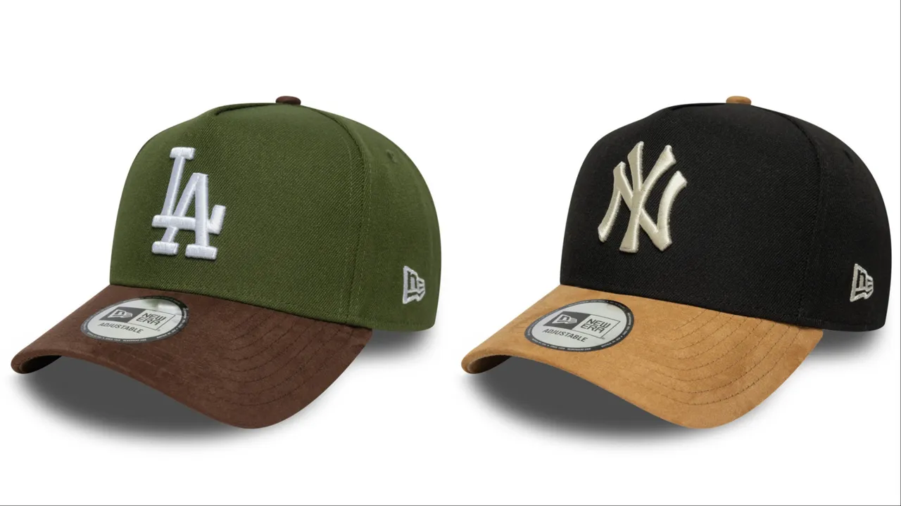 NEW ERA「SUEDE VISOR EFRAME」系列洛杉磯道奇帽款（左）、紐約洋基帽款 （右），各1380元。品牌提供