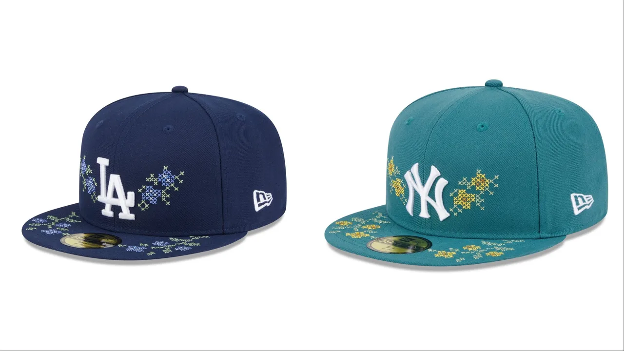 NEW ERA「59FIFTY PACK – GARDEN」洛杉磯道奇海邊藍帽款（左）、紐約洋基松葉綠帽款（右），各1680元。品牌提供