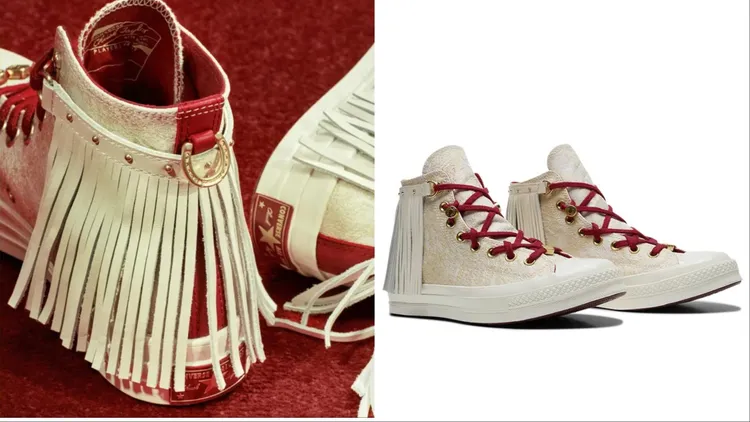 CONVERSE經典鞋款Chuck 70換上緞面織紋外衣，並以皮革流蘇、馬蹄D型環點綴。品牌提供