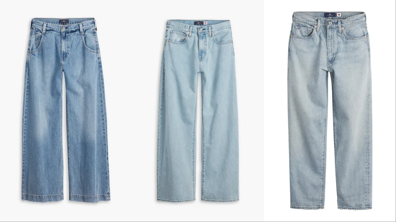 Levi’s® Blue Tab極寬版水洗丹寧褲（左起）7090元、寬版水錐形丹寧褲7090元、MIJ直筒丹寧褲7990元。品牌提供