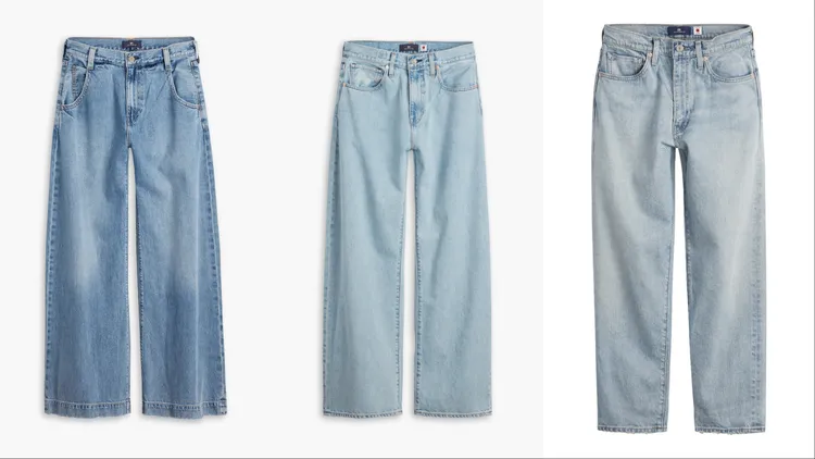 Levi’s® Blue Tab極寬版水洗丹寧褲（左起）7090元、寬版水錐形丹寧褲7090元、MIJ直筒丹寧褲7990元。品牌提供