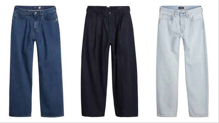 Levi’s® Blue Tab寬版丹寧褲（左起） 7390元、打摺原色丹寧褲8790元、寬鬆直筒丹寧褲7390元。品牌提供