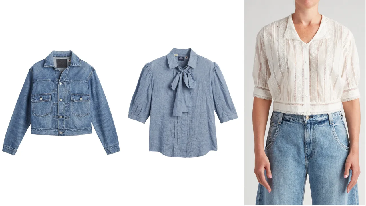 Levi’s® Blue Tab TYPE II丹寧夾克外套（左起）7690元、水洗蝴蝶結襯衫4990元、蕾絲泡泡袖襯衫4990元。品牌提供