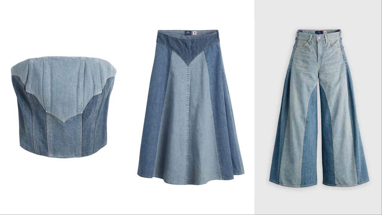 Levi’s® Blue Tab拼接短版平口上衣（左起）5290元、拼接魚尾長裙5690元、寬版拼接解構丹寧褲1萬1900元。品牌提供