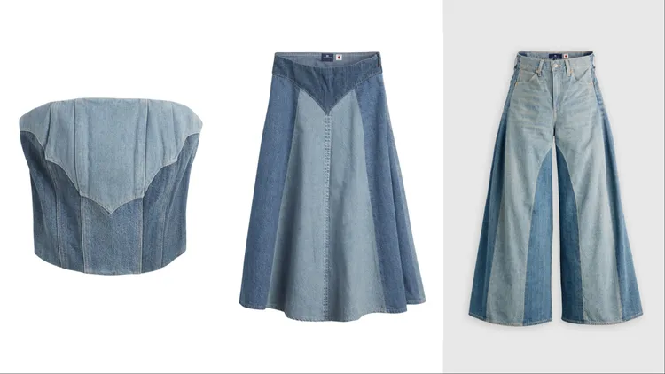 Levi’s® Blue Tab拼接短版平口上衣（左起）5290元、拼接魚尾長裙5690元、寬版拼接解構丹寧褲1萬1900元。品牌提供