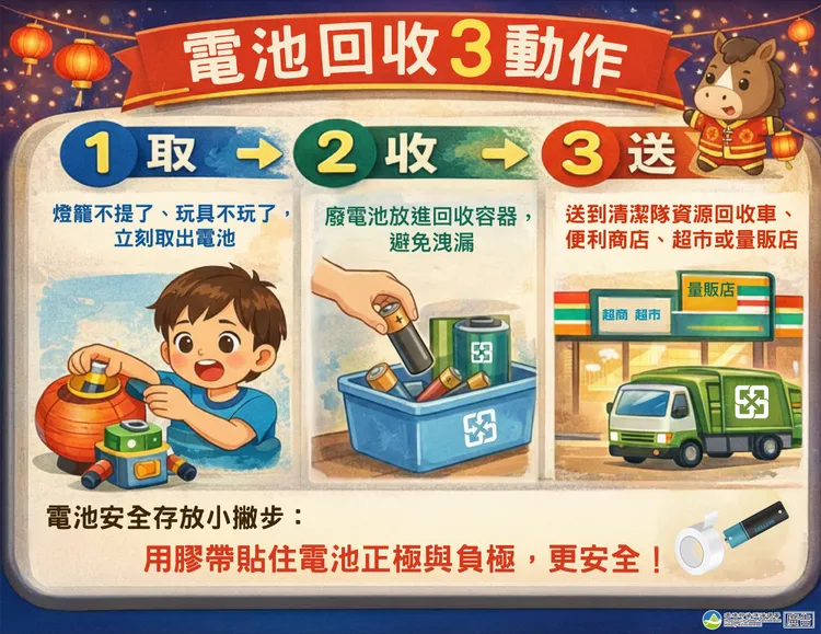 環境部資源循環署提醒，落實電池「取出、收好、送回收」3個動作，才能確保居家生活環境安全。環境部提供
