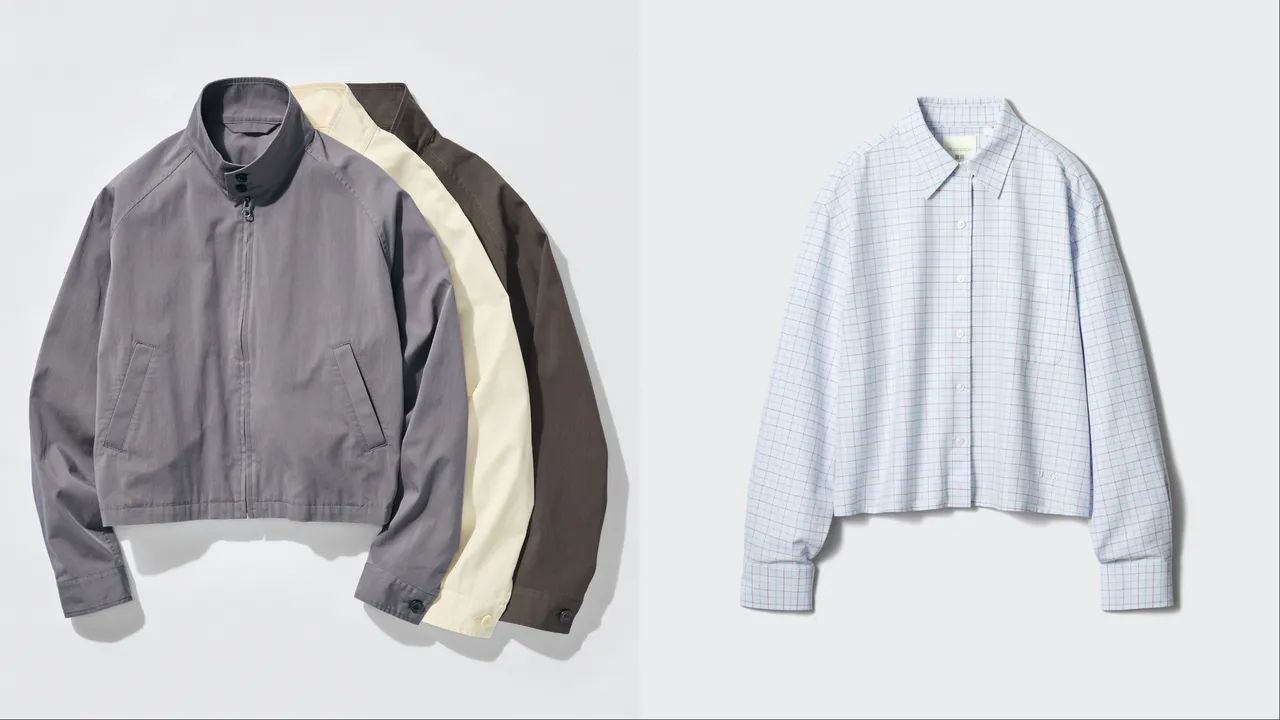 UNIQLO女裝棉質混紡短版布勞森外套（左）1490元、牛津格紋寬版襯衫（右）790元。品牌提供