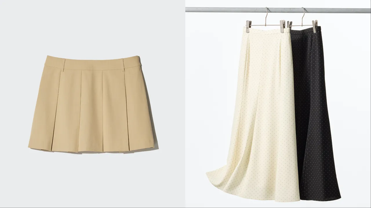 UNIQLO女裝百褶褲裙（左）790元、印花魚尾長裙（右）990元。品牌提供