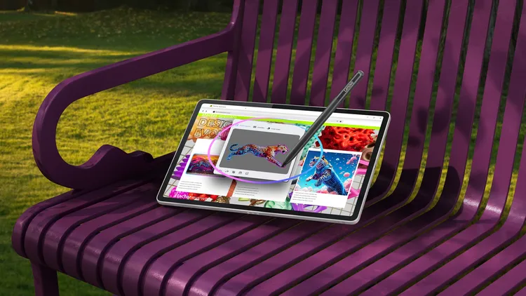 Yoga Tab支援裝置端與雲端混合式AI運算，機身厚度6.2mm、重量458g，並隨附手寫筆與磁吸鍵盤配件。Lenovo提供