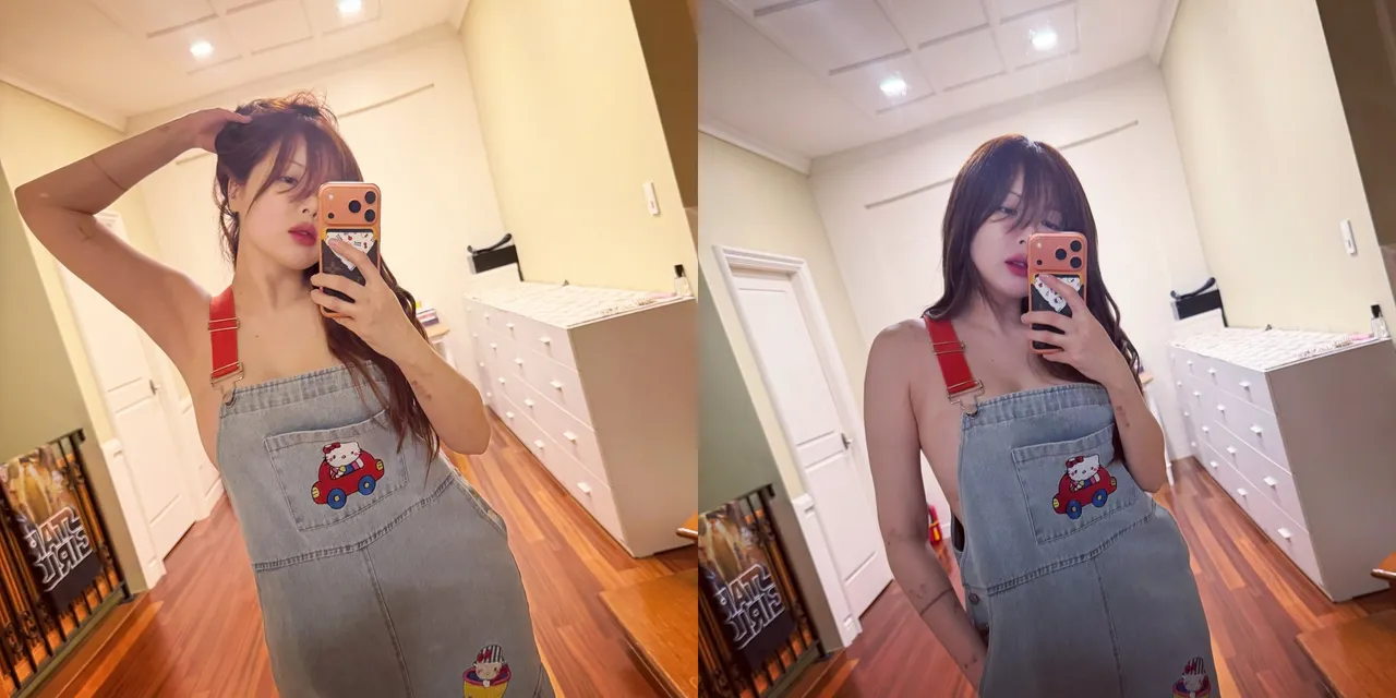 泫雅昨天分享自拍照，只穿吊帶褲，似乎沒穿內衣，豐滿上圍呼之欲出。翻攝泫雅IG