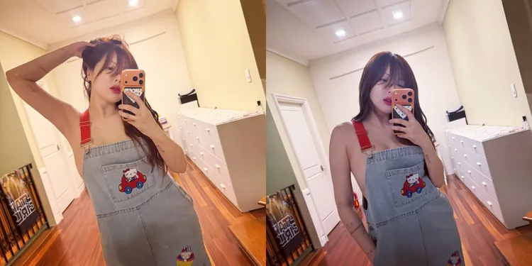 泫雅昨天分享自拍照，只穿吊帶褲，似乎沒穿內衣，豐滿上圍呼之欲出。翻攝泫雅IG