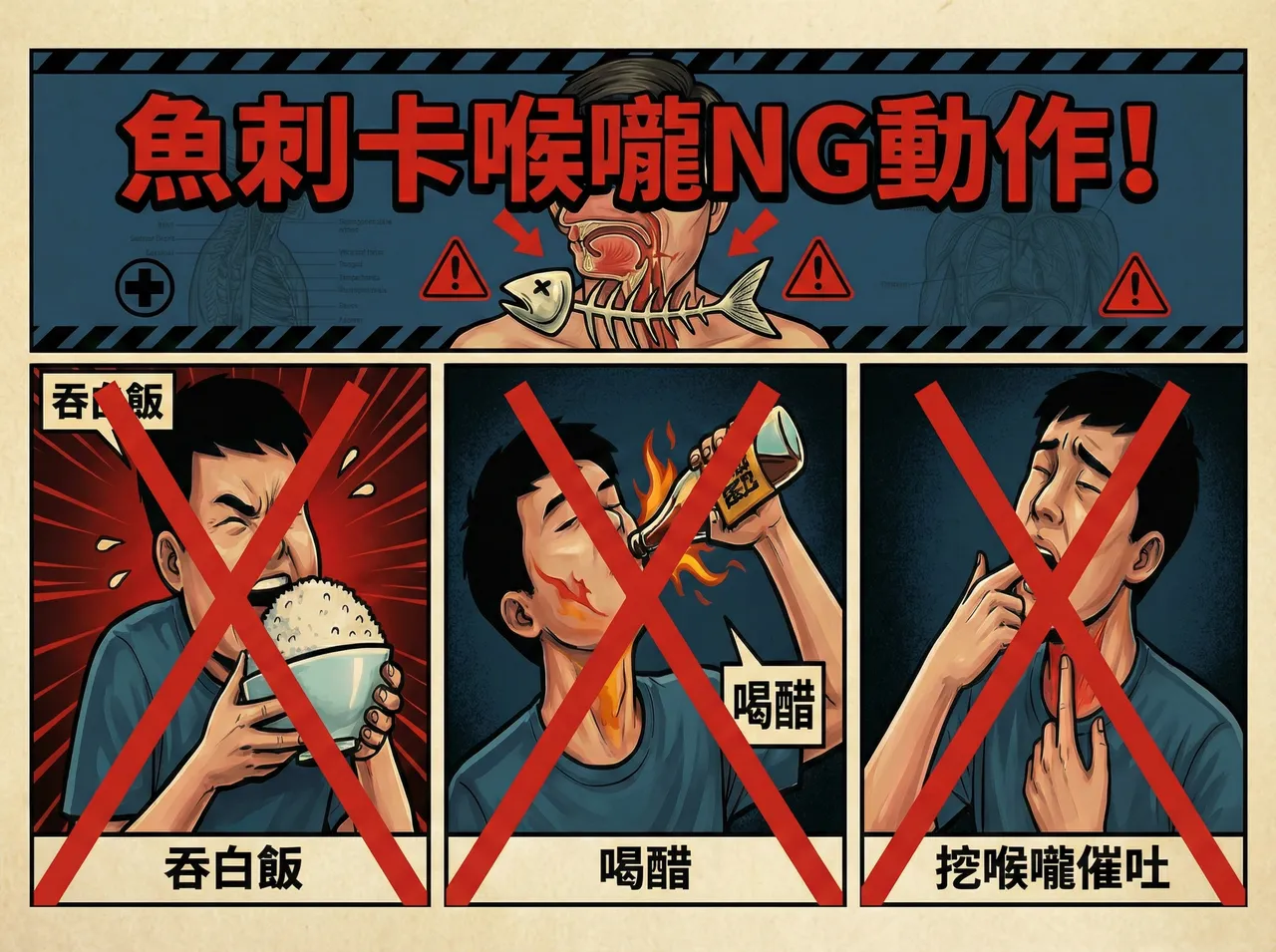 魚刺卡喉切記不要採用吞白飯、喝醋、挖喉嚨或催吐等偏方。台中慈濟醫院提供